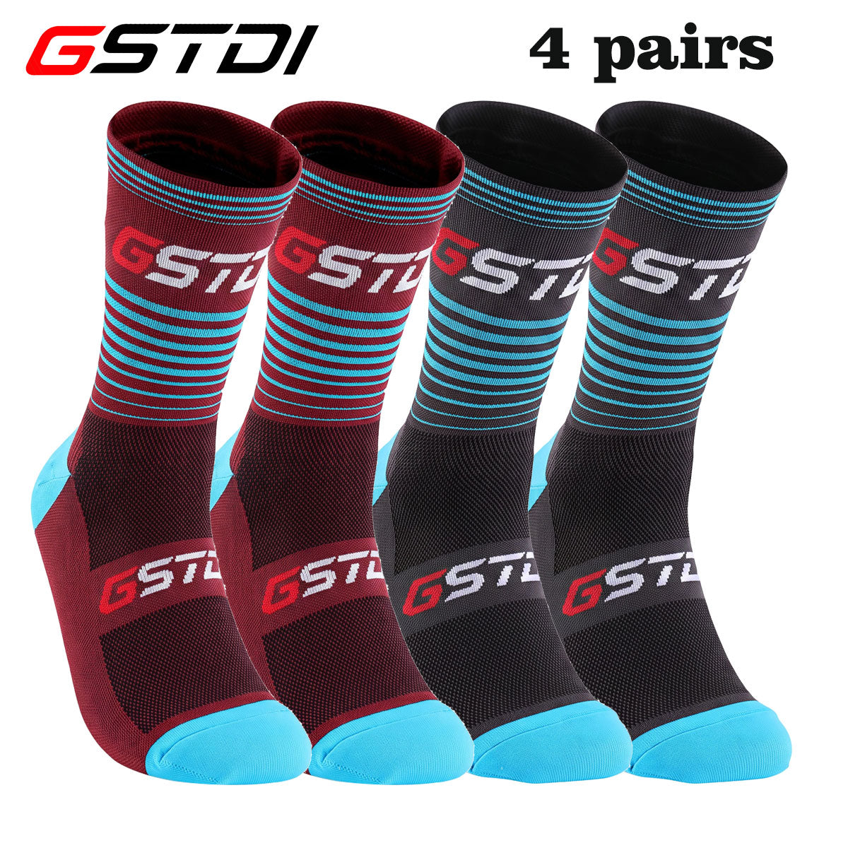 GSTDI Professional Cycling Socks (4 Pairs) – Breathable Mesh Nylon Athletic Road & MTB Socks